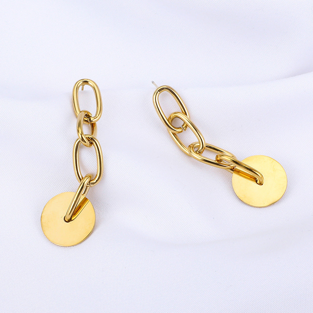 Boucles d'oreilles pendantes à longue chaîne et petit disque pour femme, clous géométriques en acier inoxydable