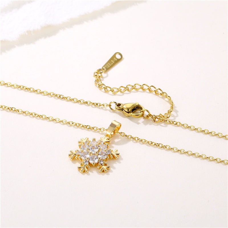 Collier avec pendentif flocon de neige en zircon micro-incrusté, style européen et américain, en acier inoxydable, chaîne croisée, décoration de Noël, cadeau