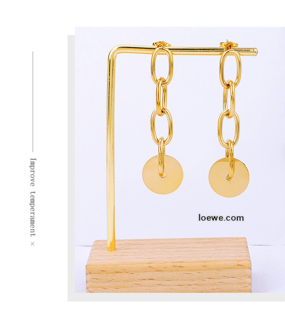 Boucles d'oreilles pendantes à longue chaîne et petit disque pour femme, clous géométriques en acier inoxydable