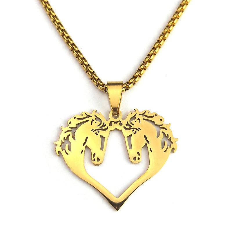 Collier en acier inoxydable pour couple de chevaux amoureux, chaîne de pull pour femme, collier de pull automne-hiver