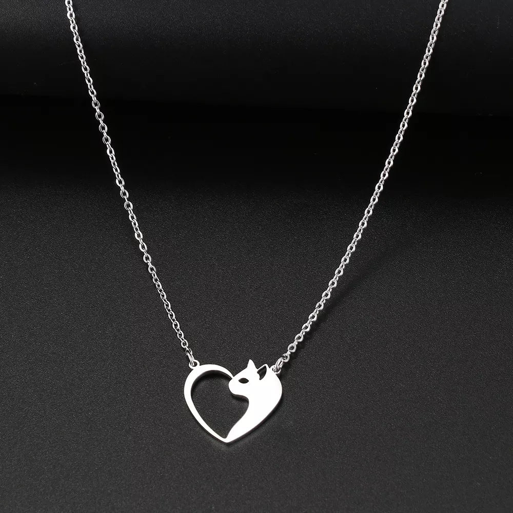Colliers tendance en acier inoxydable pour femmes, pendentif cœur et chat creux, ras du cou, chaîne de clavicule, breloque, bijoux tendance pour femmes, cadeaux pour filles