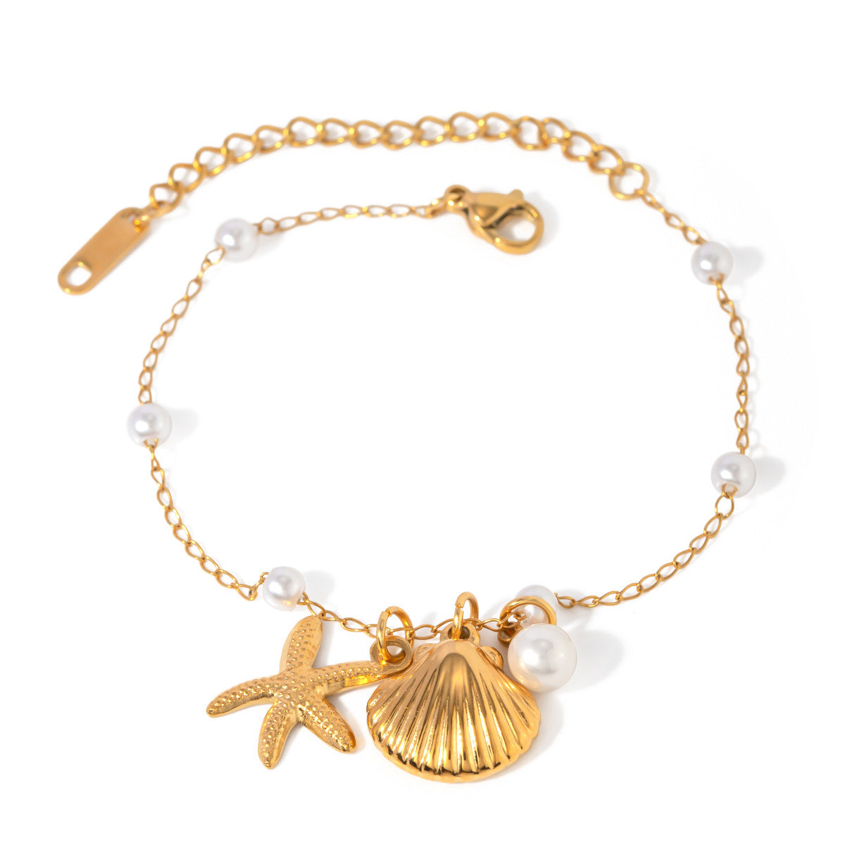 Bracelet tendance avec pendentif en forme d'étoile de mer et coquillage, chaîne en acier inoxydable et or 18 carats, idéal pour les vacances d'été