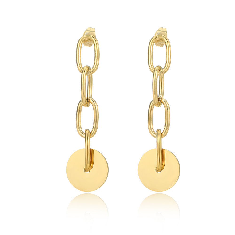 Boucles d'oreilles pendantes à longue chaîne et petit disque pour femme, clous géométriques en acier inoxydable