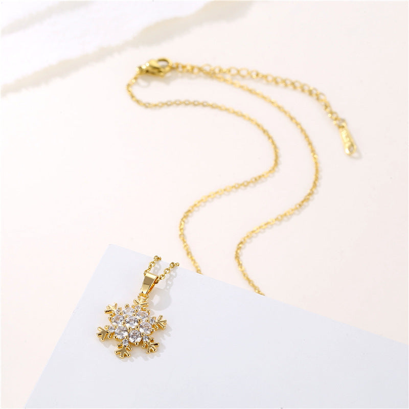 Collier avec pendentif flocon de neige en zircon micro-incrusté, style européen et américain, en acier inoxydable, chaîne croisée, décoration de Noël, cadeau