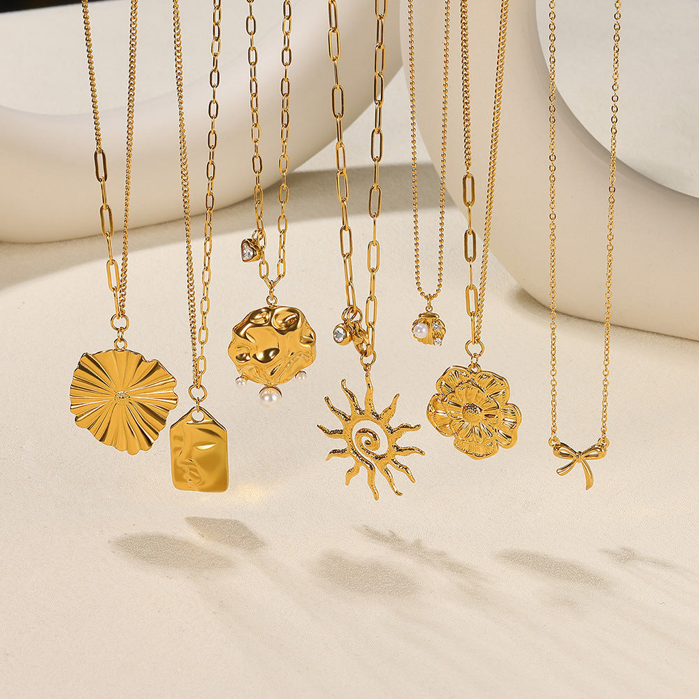 Collier pendentif tournesol en pierre d'anniversaire européen et américain, chaîne de clavicule en acier inoxydable doré, imitation perle et coquillage