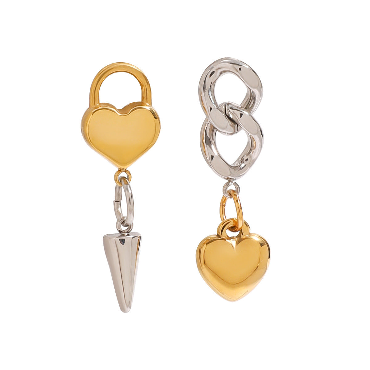 Boucles d'oreilles en acier inoxydable avec chaîne conique en forme de cœur, couleur or et argent assorties