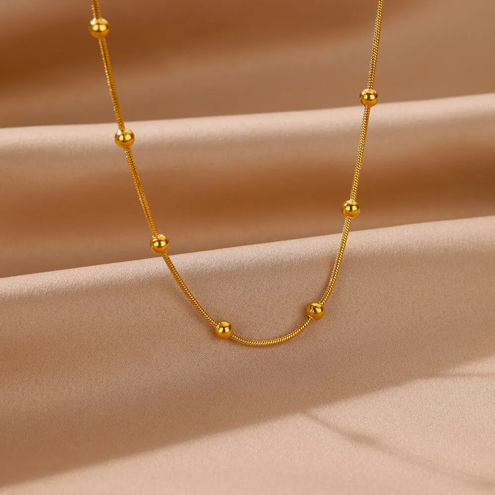 Collier pour femme en acier inoxydable plaqué or 18 carats, chaîne serpent ronde à perles minimaliste, style européen et américain