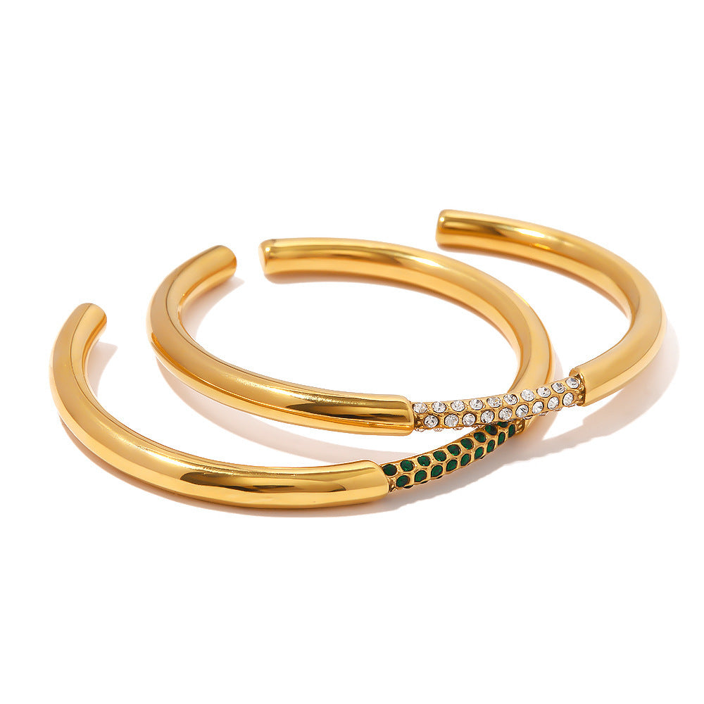 Fashion Stainless Steel Bracelet With Green Diamonds