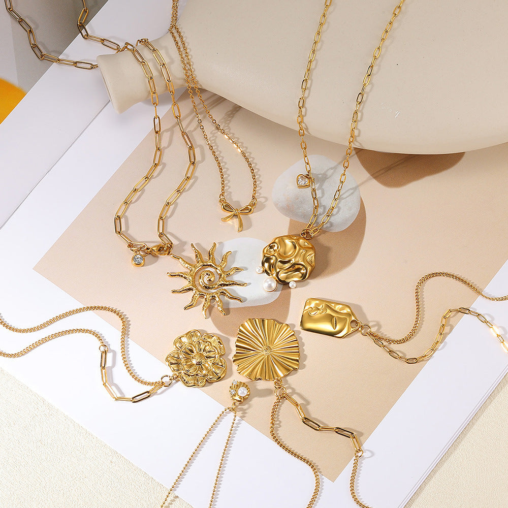 Collier pendentif tournesol en pierre d'anniversaire européen et américain, chaîne de clavicule en acier inoxydable doré, imitation perle et coquillage