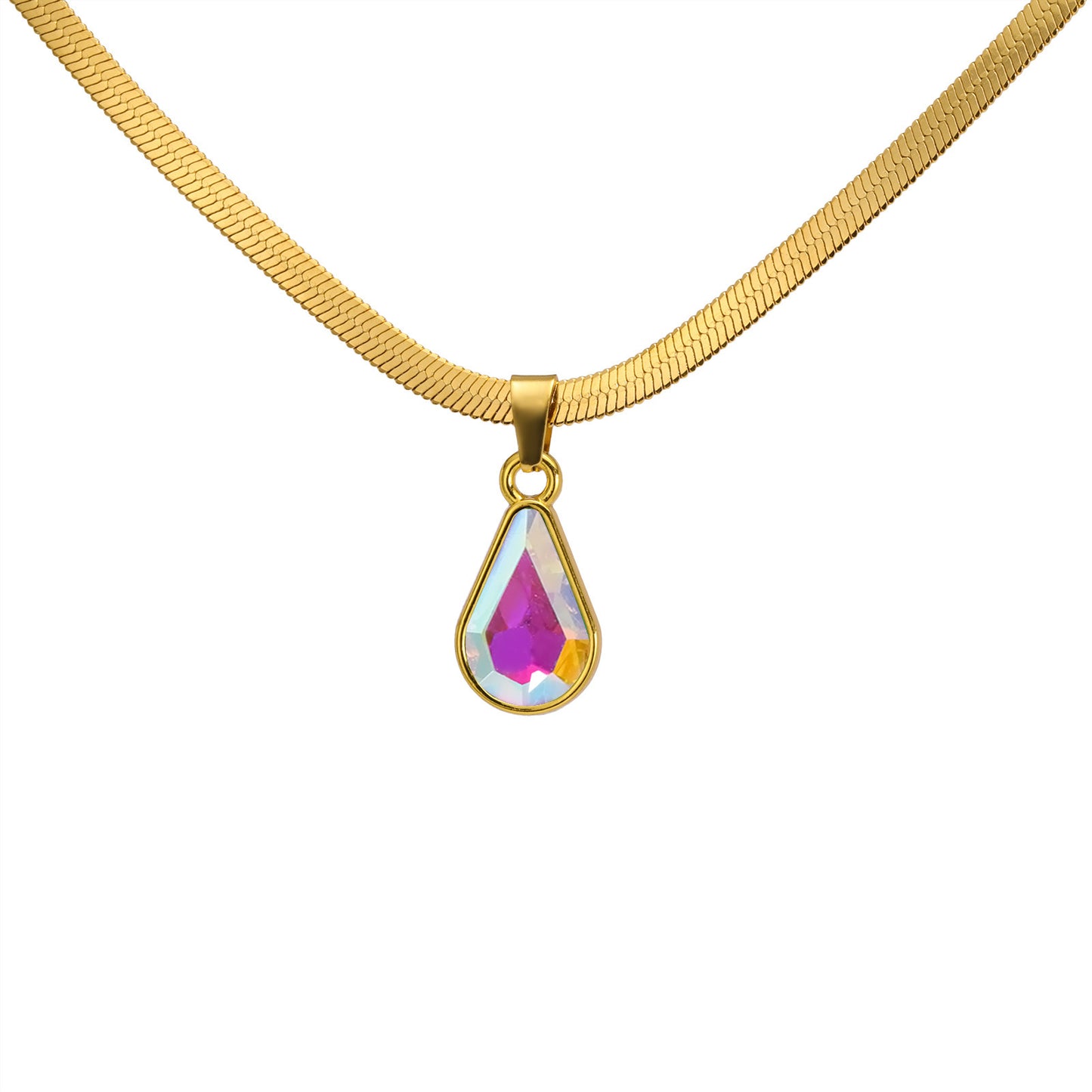 Collier pendentif goutte d'eau en cristal coloré pour femme, chaîne serpent en acier inoxydable, collier tendance pour femme
