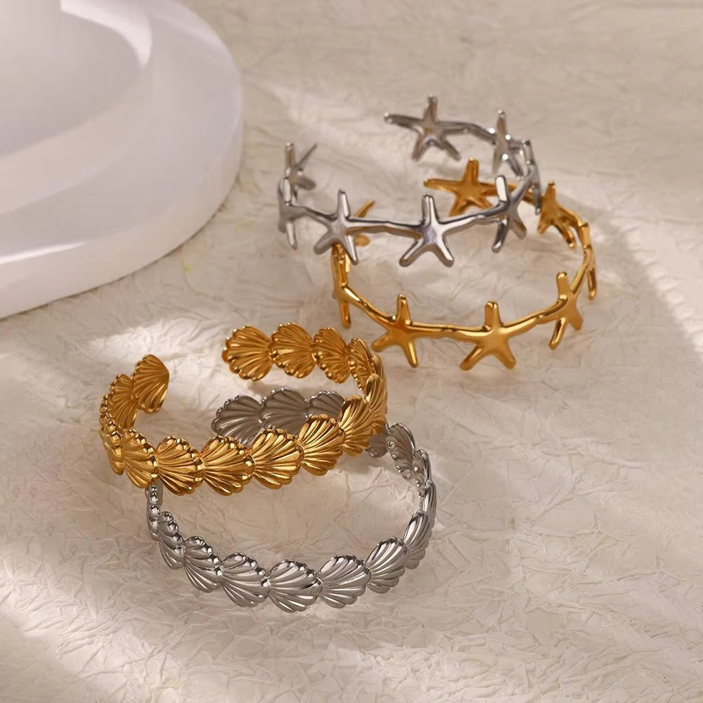 Bracelet en acier inoxydable avec étoile de mer et coquille Saint-Jacques