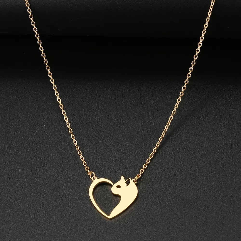 Colliers tendance en acier inoxydable pour femmes, pendentif cœur et chat creux, ras du cou, chaîne de clavicule, breloque, bijoux tendance pour femmes, cadeaux pour filles