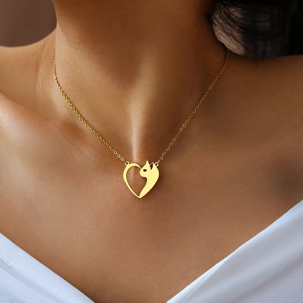 Colliers tendance en acier inoxydable pour femmes, pendentif cœur et chat creux, ras du cou, chaîne de clavicule, breloque, bijoux tendance pour femmes, cadeaux pour filles