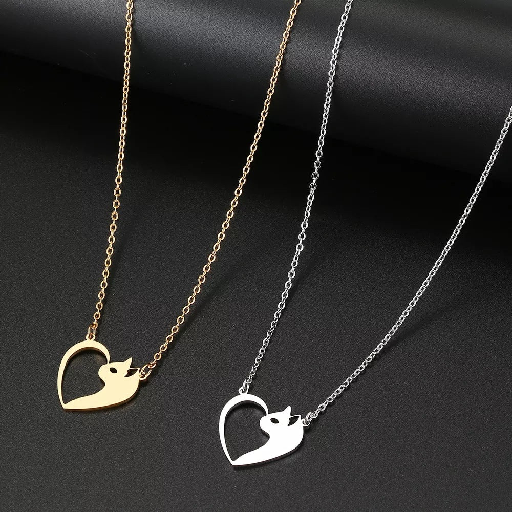 Colliers tendance en acier inoxydable pour femmes, pendentif cœur et chat creux, ras du cou, chaîne de clavicule, breloque, bijoux tendance pour femmes, cadeaux pour filles