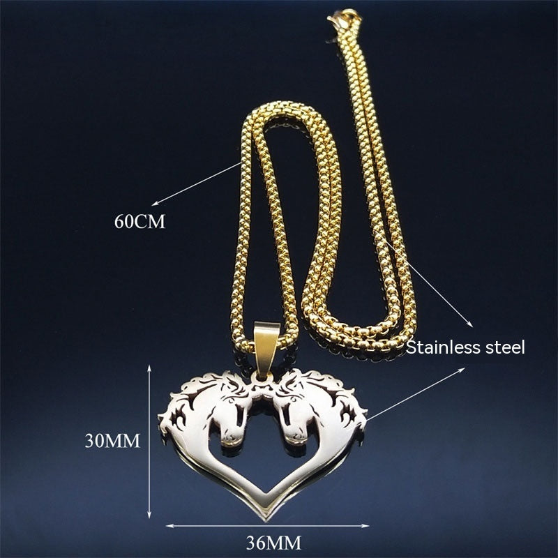 Collier en acier inoxydable pour couple de chevaux amoureux, chaîne de pull pour femme, collier de pull automne-hiver