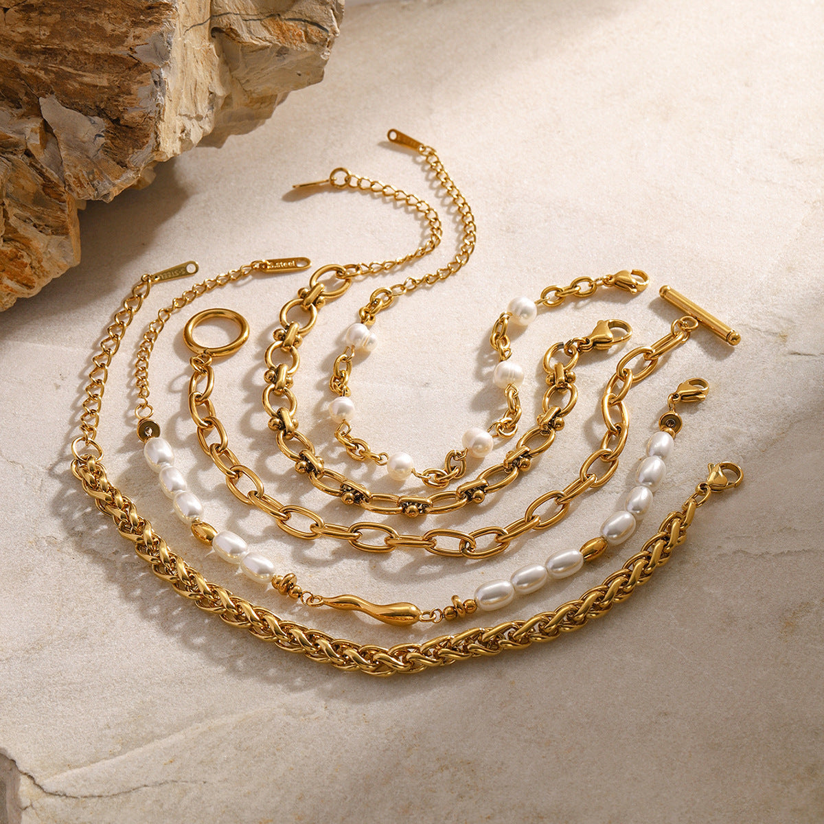 Women's Stainless Steel Gold Pearl Bracelet
