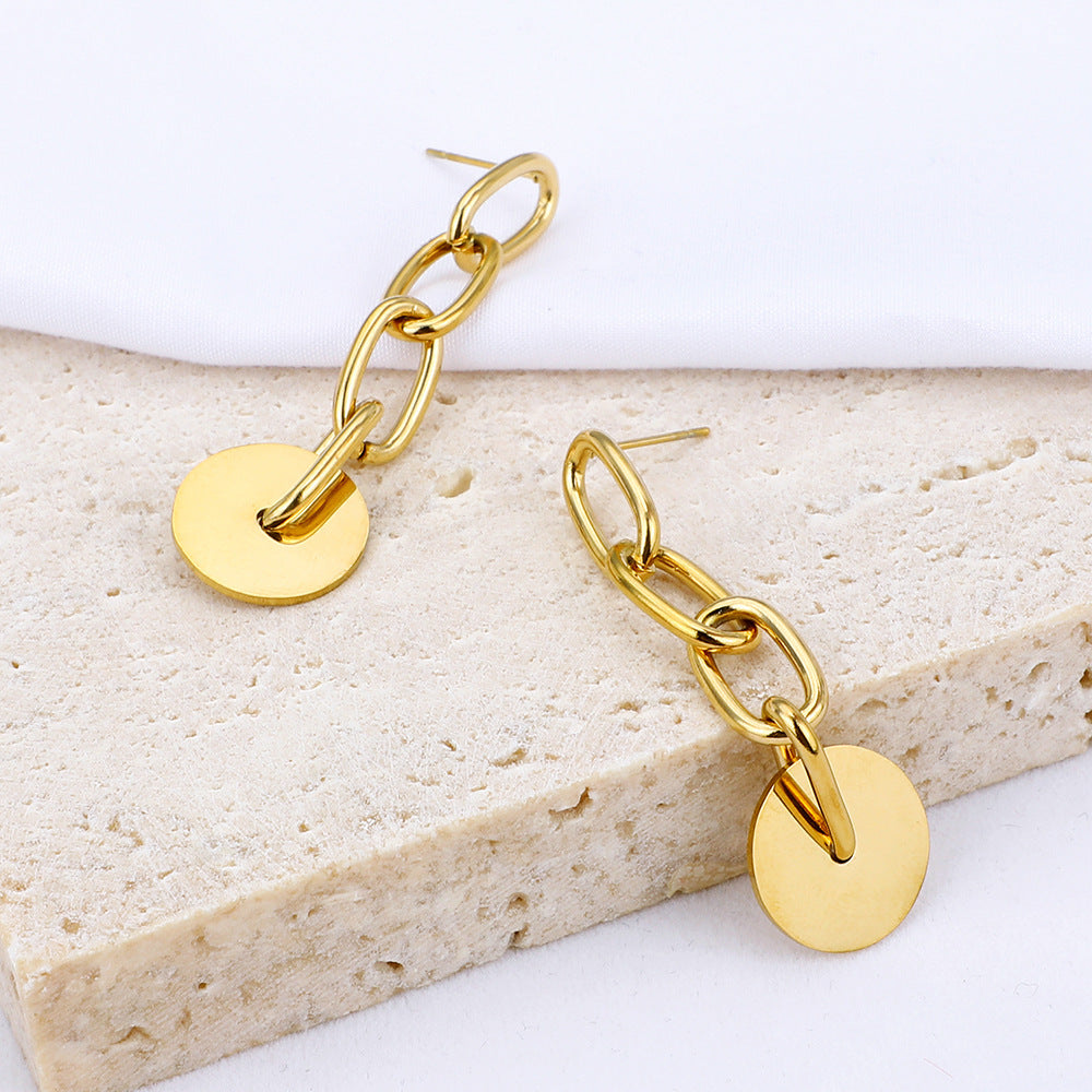 Boucles d'oreilles pendantes à longue chaîne et petit disque pour femme, clous géométriques en acier inoxydable