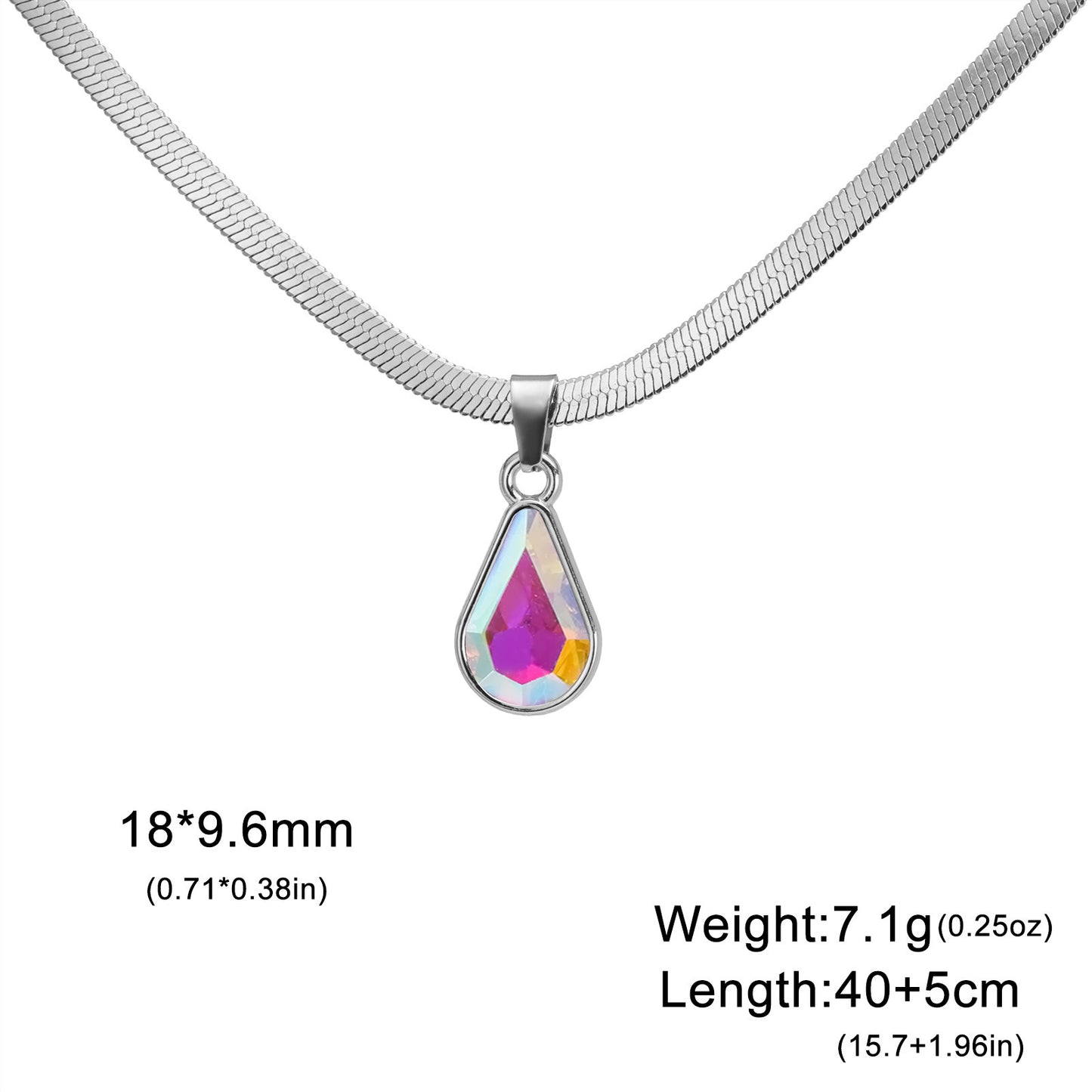 Collier pendentif goutte d'eau en cristal coloré pour femme, chaîne serpent en acier inoxydable, collier tendance pour femme