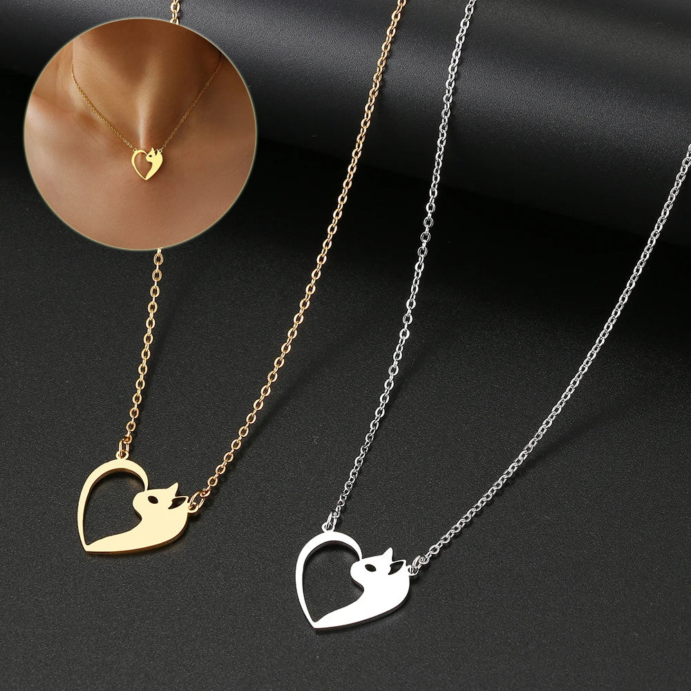 Colliers tendance en acier inoxydable pour femmes, pendentif cœur et chat creux, ras du cou, chaîne de clavicule, breloque, bijoux tendance pour femmes, cadeaux pour filles