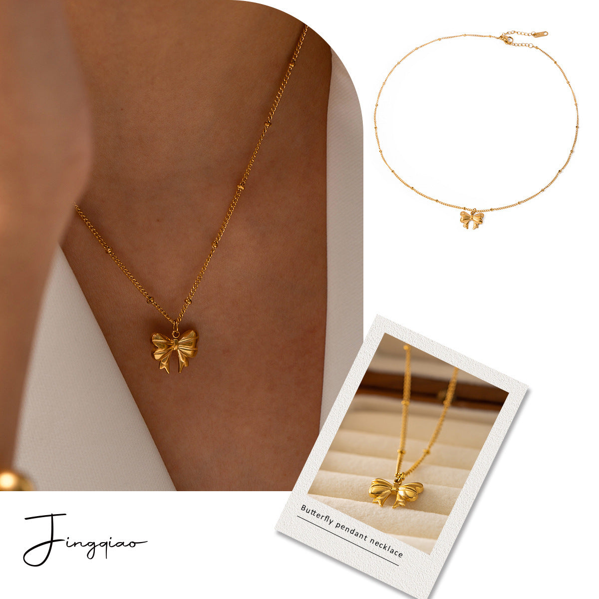 Collier pendentif papillon en acier inoxydable doré 18 carats, exquis et léger