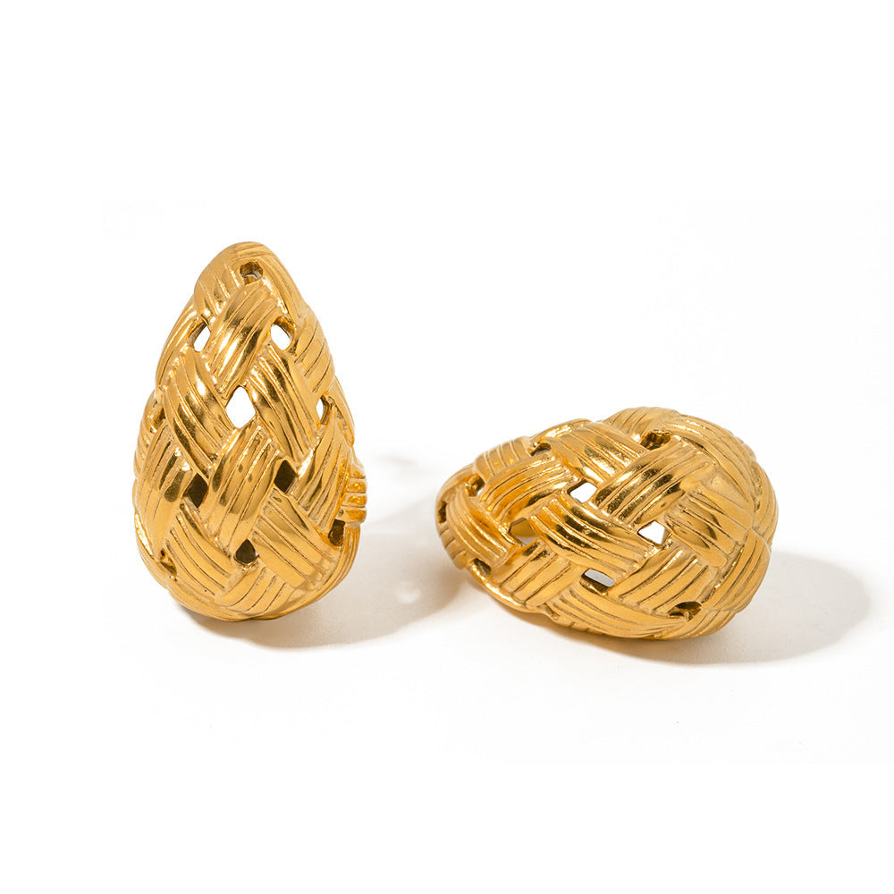 Boucles d'oreilles en acier titane et or, texture tissée, goutte d'eau