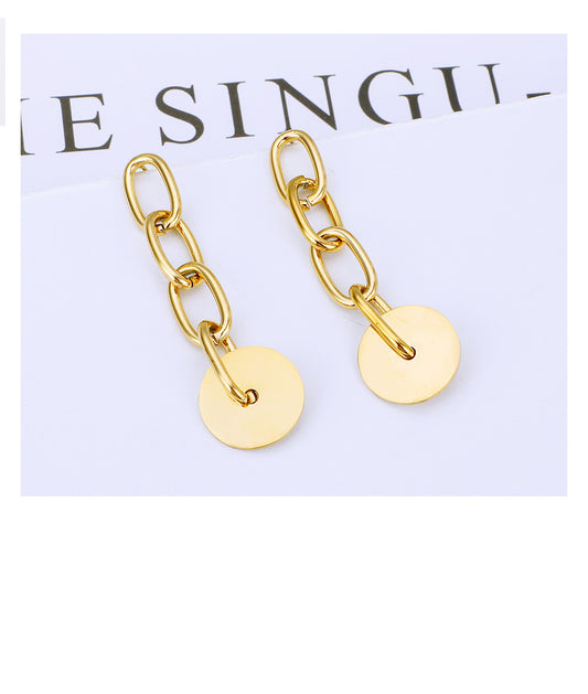 Boucles d'oreilles pendantes à longue chaîne et petit disque pour femme, clous géométriques en acier inoxydable