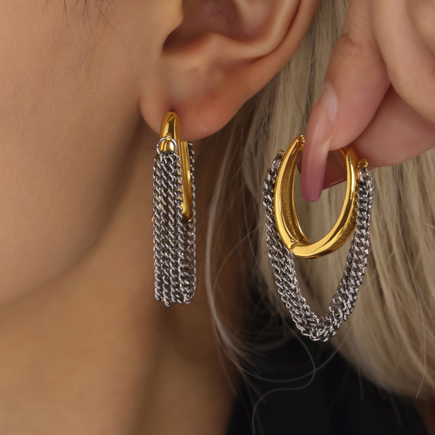 Boucles d'oreilles à pompon multicouches en acier inoxydable avec fermoir à pression