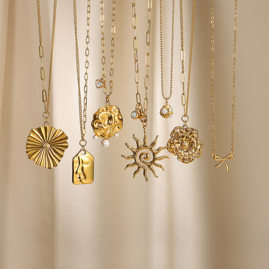 Collier pendentif tournesol en pierre d'anniversaire européen et américain, chaîne de clavicule en acier inoxydable doré, imitation perle et coquillage