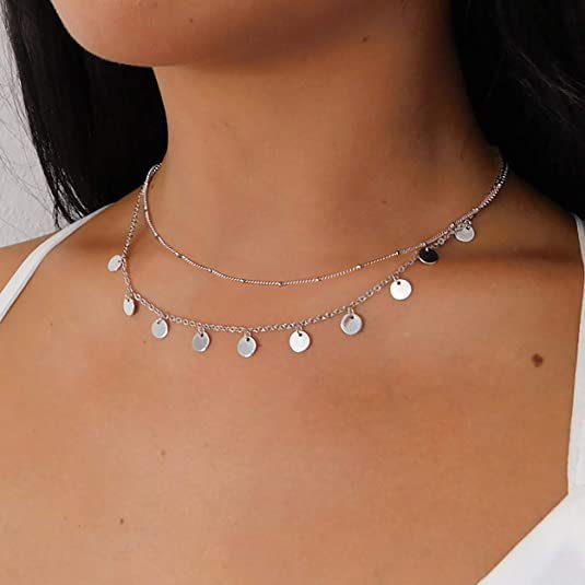 Collier avec pendentif à paillettes et chaîne à double couche en acier inoxydable pour femme, bijou de commerce extérieur, nouveau style