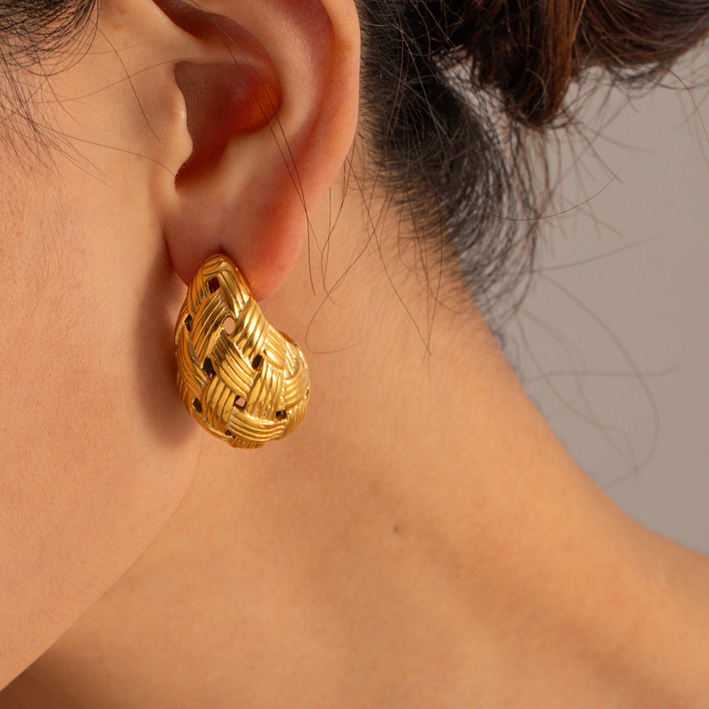 Boucles d'oreilles en acier titane et or, texture tissée, goutte d'eau