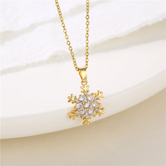 Collier avec pendentif flocon de neige en zircon micro-incrusté, style européen et américain, en acier inoxydable, chaîne croisée, décoration de Noël, cadeau