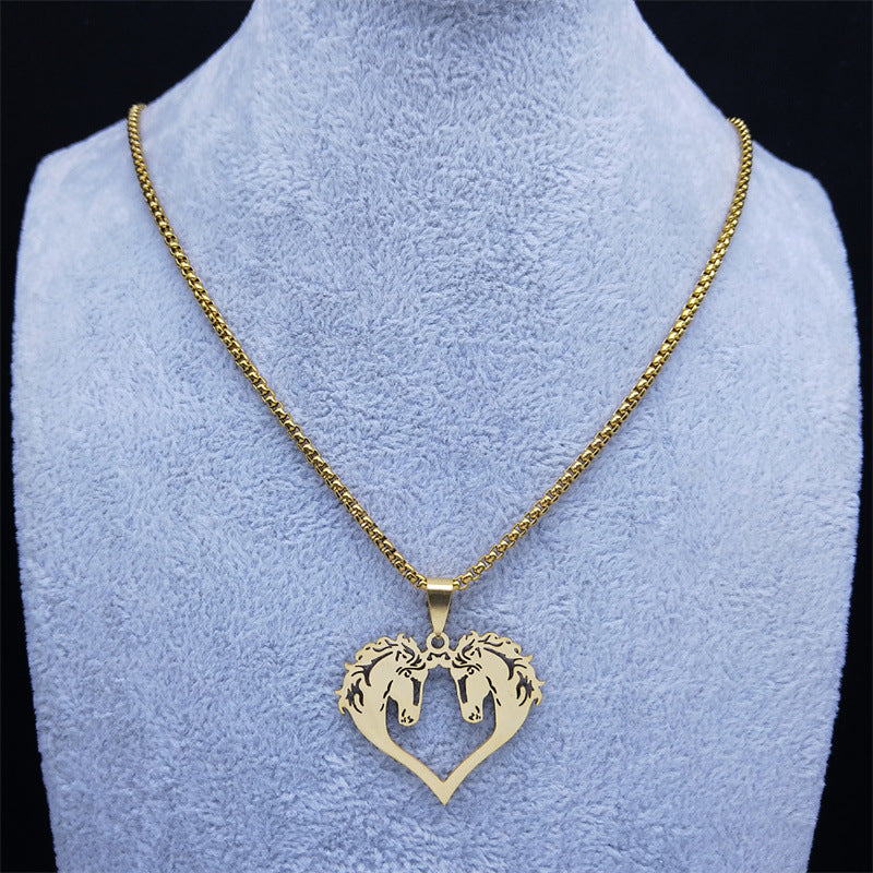 Collier en acier inoxydable pour couple de chevaux amoureux, chaîne de pull pour femme, collier de pull automne-hiver