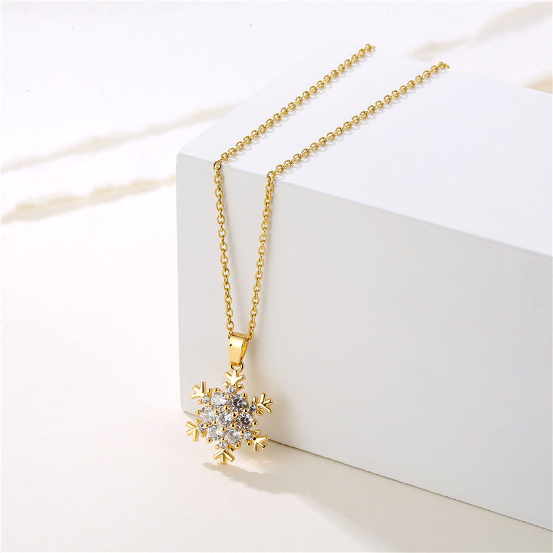 Collier avec pendentif flocon de neige en zircon micro-incrusté, style européen et américain, en acier inoxydable, chaîne croisée, décoration de Noël, cadeau