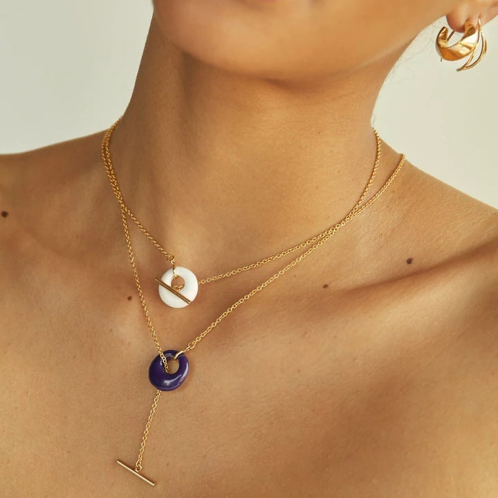 Collier tendance en acier inoxydable et or 18 carats avec pendentif en pierre naturelle et chaîne à billes pour femme