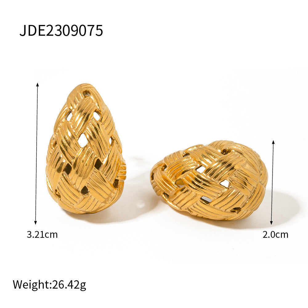 Boucles d'oreilles en acier titane et or, texture tissée, goutte d'eau