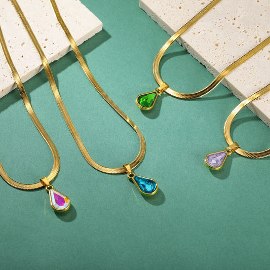Collier pendentif goutte d'eau en cristal coloré pour femme, chaîne serpent en acier inoxydable, collier tendance pour femme
