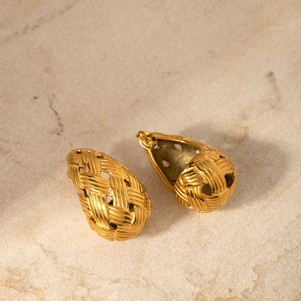 Boucles d'oreilles en acier titane et or, texture tissée, goutte d'eau