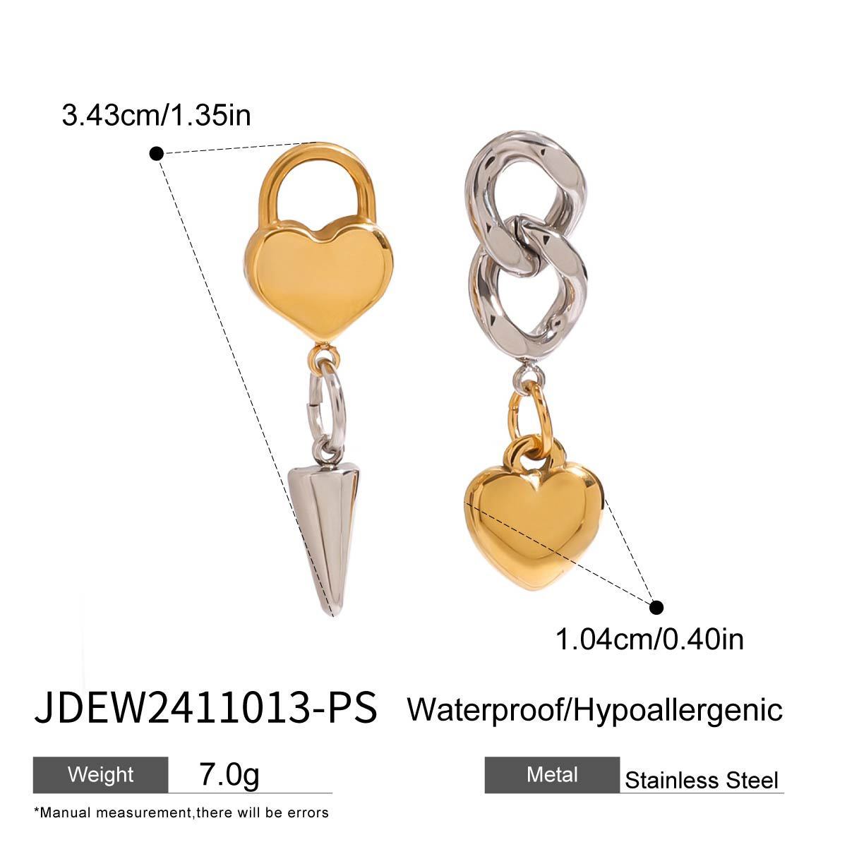 Boucles d'oreilles en acier inoxydable avec chaîne conique en forme de cœur, couleur or et argent assorties