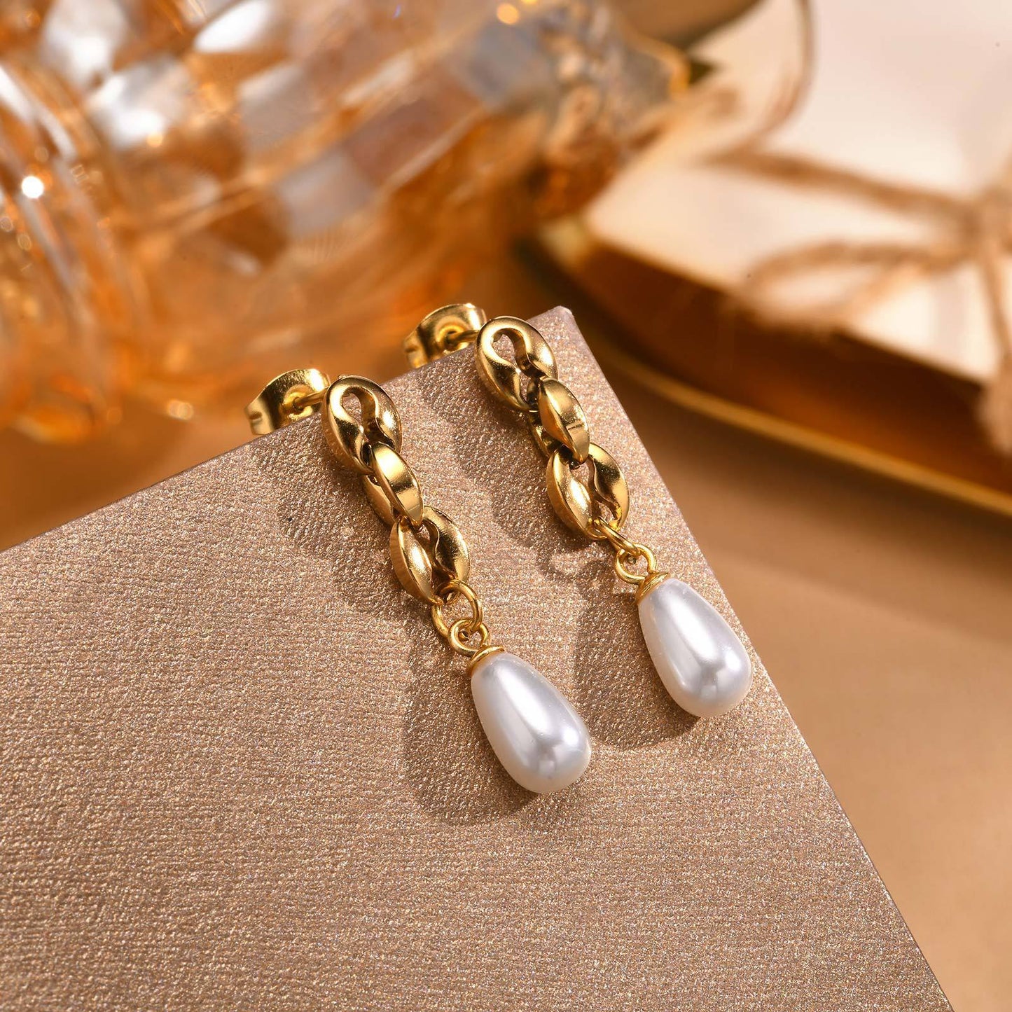 Boucles d'oreilles en or avec chaîne à lèvres en acier inoxydable