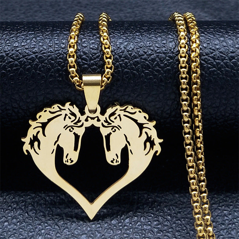 Collier en acier inoxydable pour couple de chevaux amoureux, chaîne de pull pour femme, collier de pull automne-hiver
