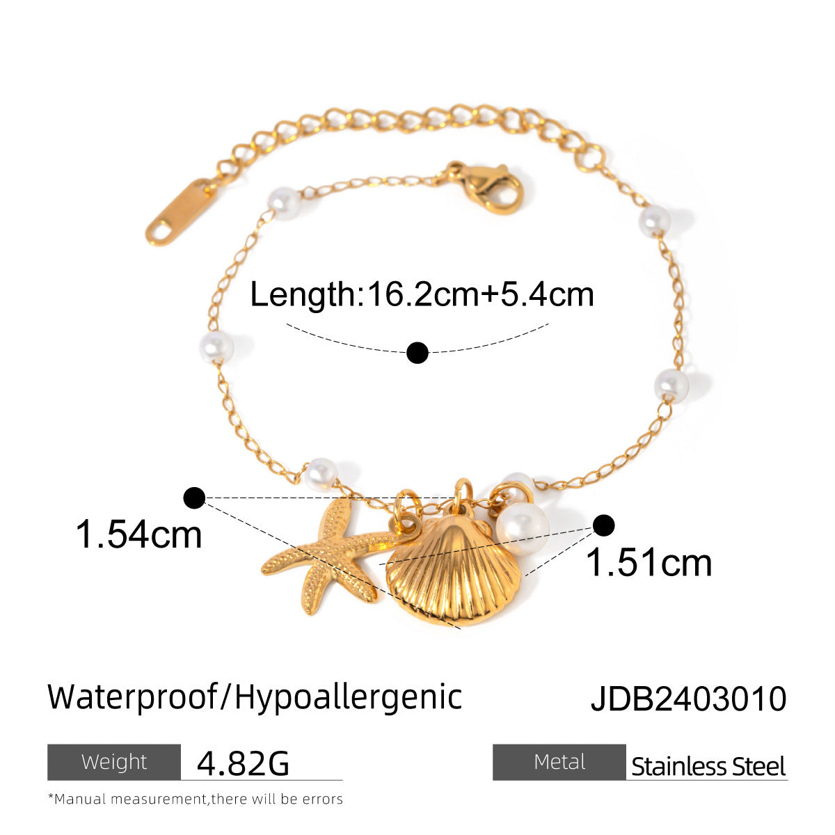 Bracelet tendance avec pendentif en forme d'étoile de mer et coquillage, chaîne en acier inoxydable et or 18 carats, idéal pour les vacances d'été