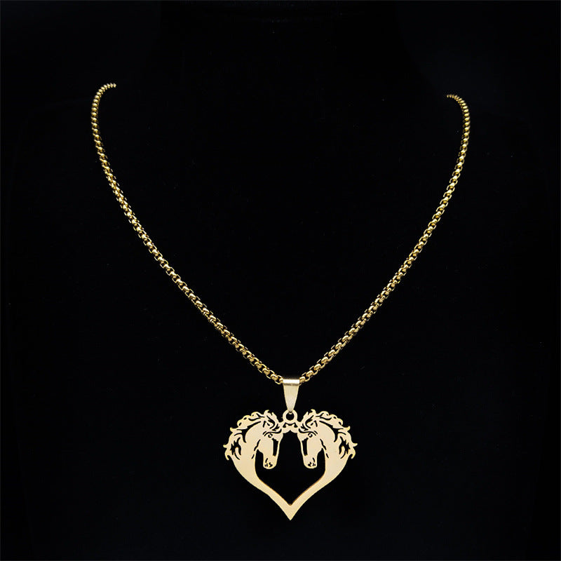 Collier en acier inoxydable pour couple de chevaux amoureux, chaîne de pull pour femme, collier de pull automne-hiver