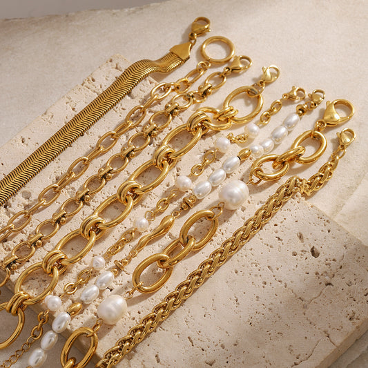 Women's Stainless Steel Gold Pearl Bracelet